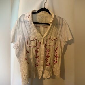 antica sartoria XL 100%  Linen shirt With Coral Beading, Lace, Embroidery